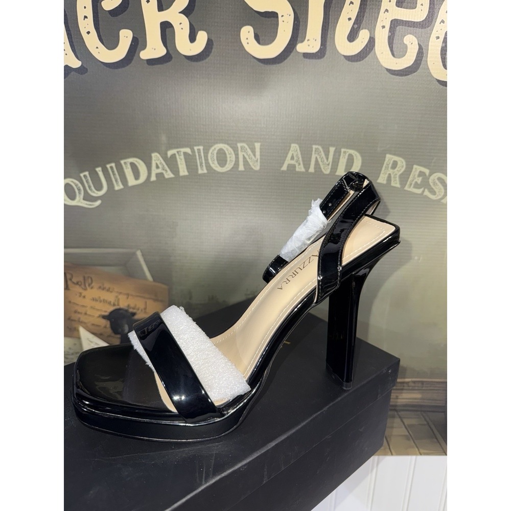 MAZZURRA Sz 7.5 black patent leather block-heel sandals